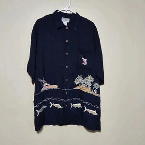Vintage Back East Men's Size Large Short Sleeve Button Front Shirt Swordfish